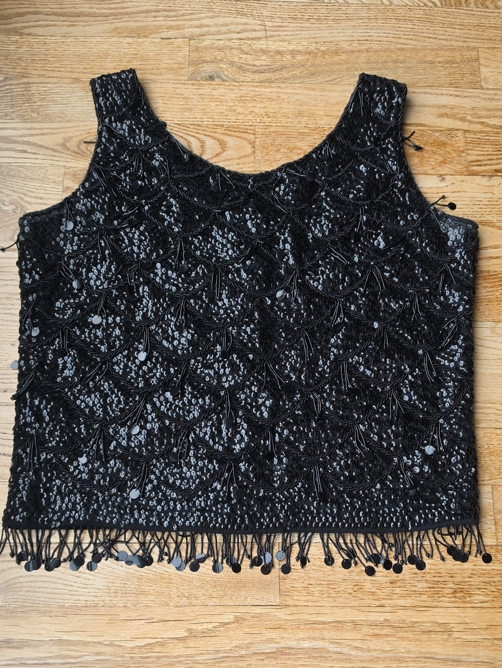 (M) Black Sequined Fringe Tank — Women's Evening Top Vintage Hong Kong Wool